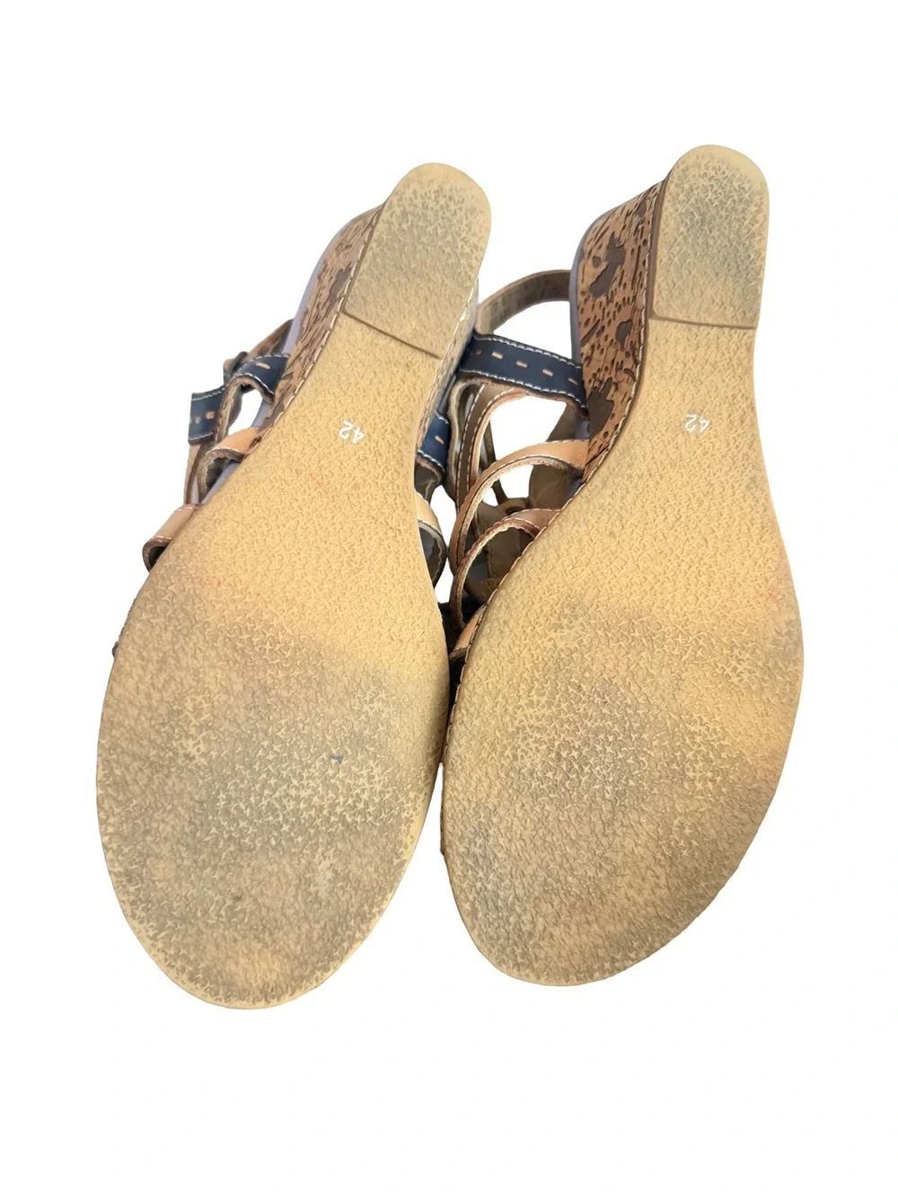 L'Artiste x Spring Step Navy Tan Leather Lace Up Wedge Sandals Size 10.5 Women's